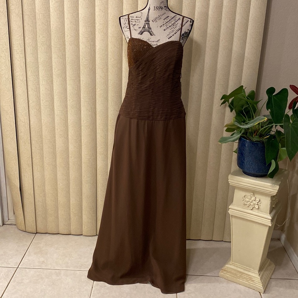 Chocolate Brown Chiffon Beaded Formal Gown Size 10